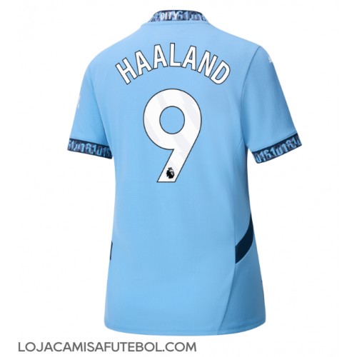 Camisa de Futebol Manchester City Erling Haaland #9 Equipamento Principal Mulheres 2024-25 Manga Curta